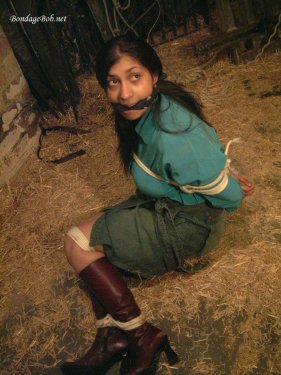 Genie dressed in a blue silk blouse and denim wrap skirt tied up with rope and cleave gagged with a bandana